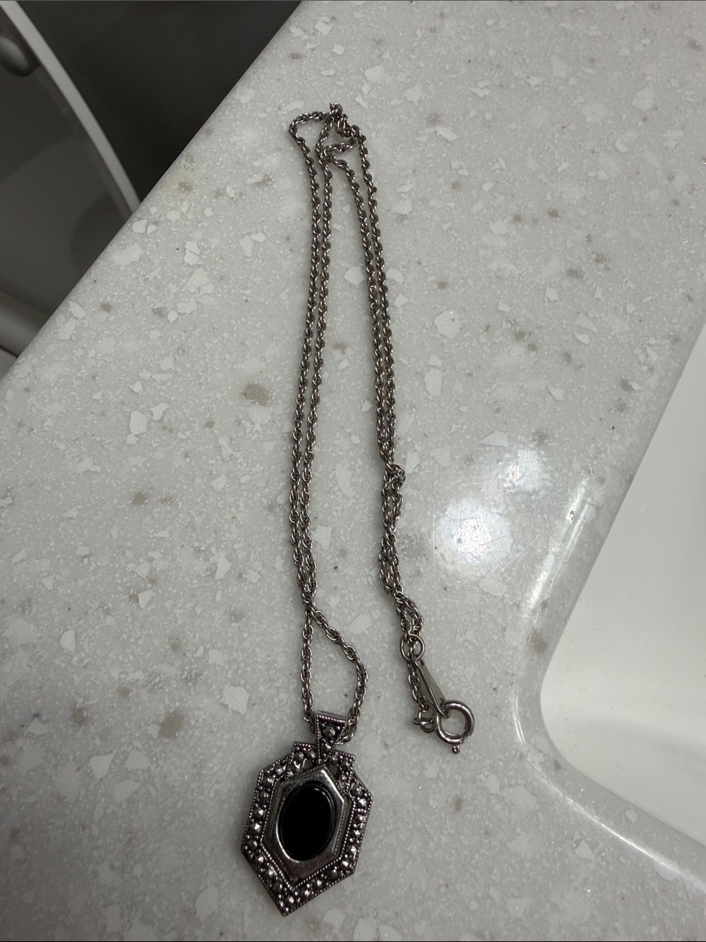 Silver-Tone Black Onyx Hexagonal Pendant Necklace - Picture 2 of 5